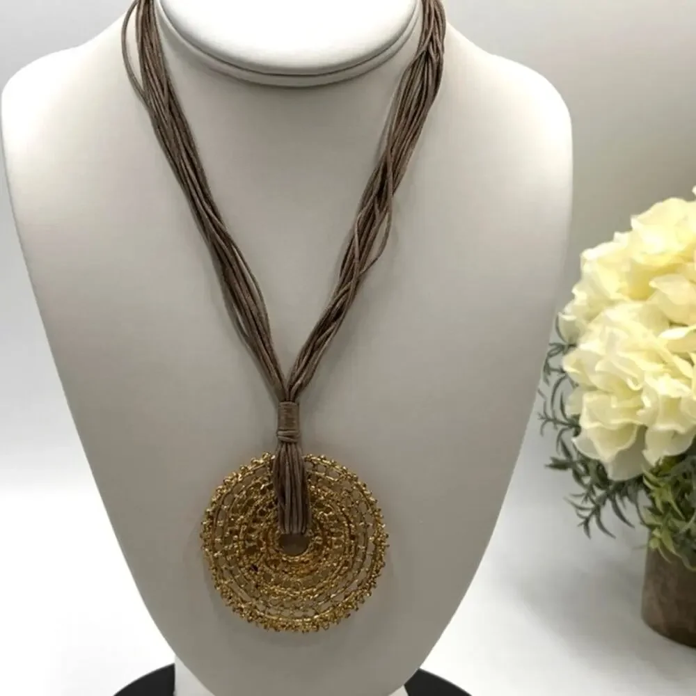 Chico’s‎ MultiStrand Tan Corded Round Brushed Good Medallion Pendant Necklace